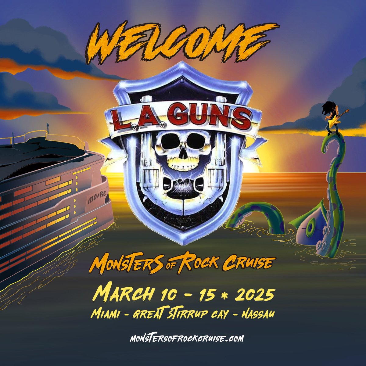 💥 Rip and Tear! 💥

Please welcome straight off the Sunset Strip- L.A. Guns!

The2025 Monsters Of Rock Cruise jut got louder!🛳️🏴‍☠️🎶
Monstersofrockcruise.com #morc2025 #laguns #monstersofrockcruise