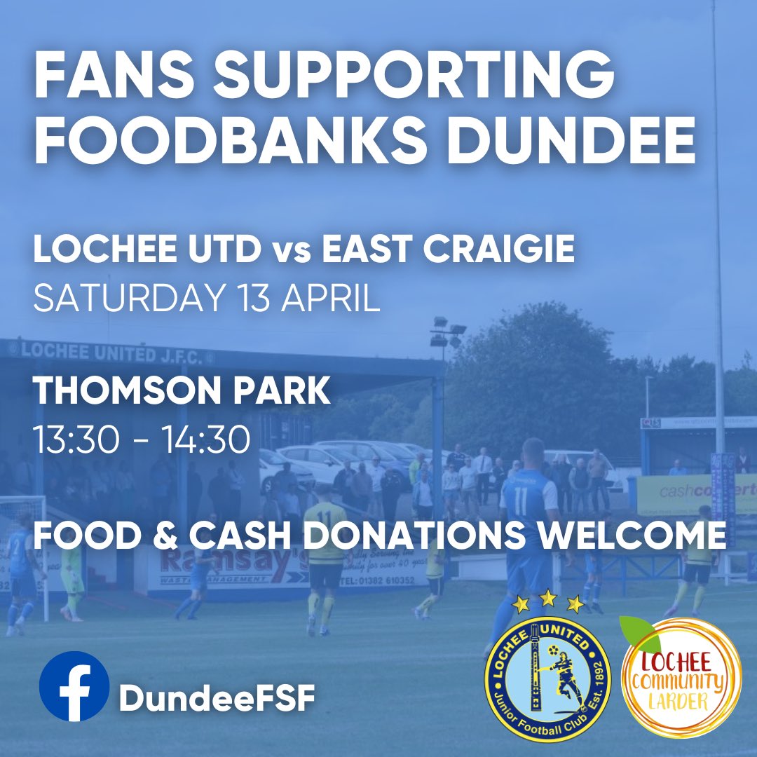 🥫 LOCHEE COLLECTION 🥫 We will be at Thomson Park tomorrow with Lochee Community Larder for our monthly foodbank collection! Please consider dropping off a few items if you are heading to the game! 🤝 @LocheeUnitedJFC @eastcraigiefc