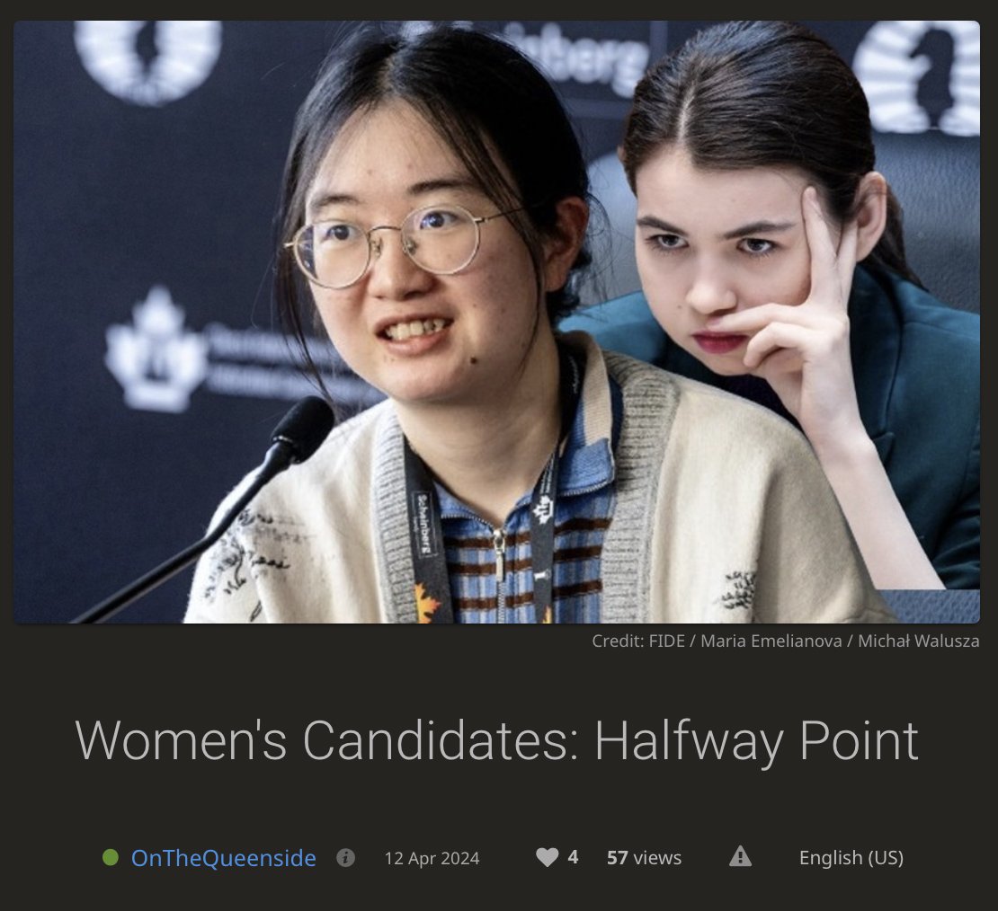 I wrote a halfway Candidates recap/preview! Go read it before it becomes out-of-date tomorrow! 😅

✍️ lichess.org/@/OnTheQueensi…
#chess #womeninchess #FIDECandidates