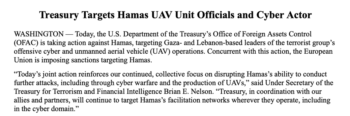 Breaking: US Treasury sanctions Abu Ubaida, the spokesman for Hamas' military wing in Gaza.