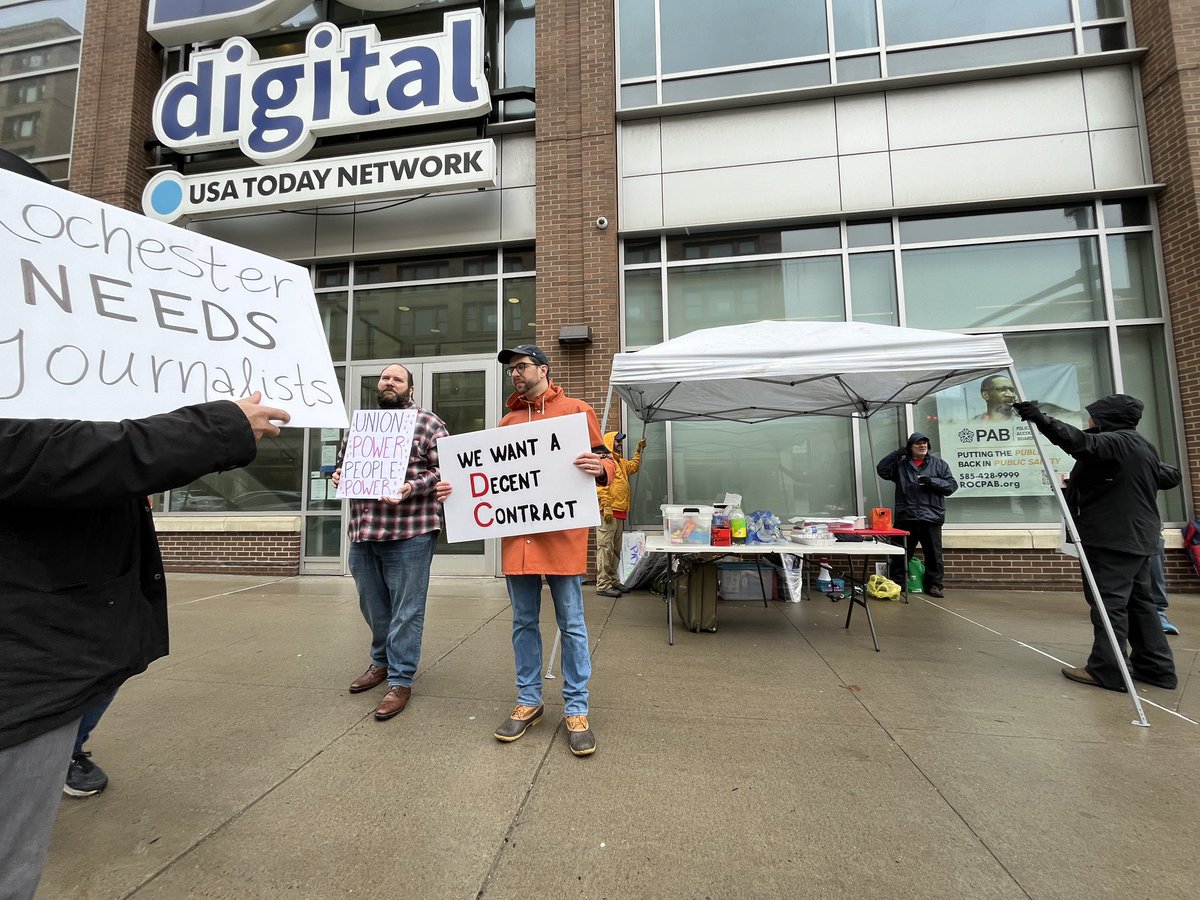 It’s windy and rainy but we are still out striking for a fair contract and better wages at the Democrat and Chronicle