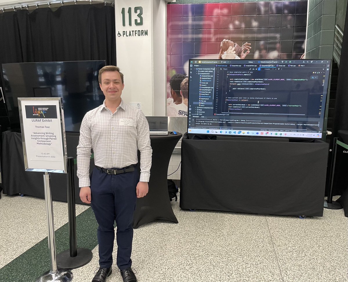 Happening now at the Breslin- Thomas wrote an amazing computer program to help us code writing data and got a showcase spot at #UURAF2024 ⁦@MSUCollegeofEd⁩
