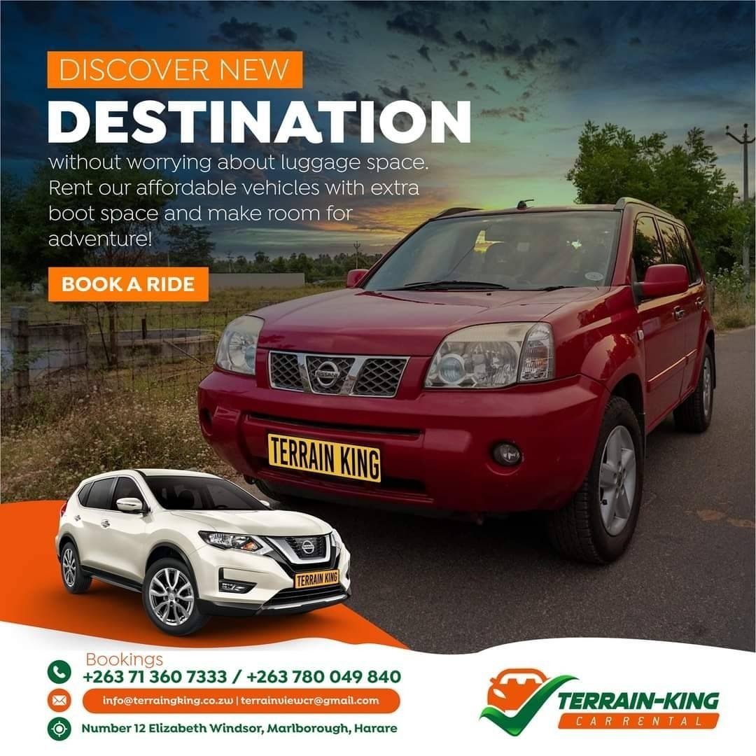 DISCOVER new DESTINATIONS without worrying about extra luggage boot space and more room for adventure. 

 Book now
+263713607333 /+263780049840

#terrainkingcarrental #JourneywithUs #affordabletravel #CheapCarHire #carhire #cheapcarrental #SUVs #4x4 #AffordableCarRental