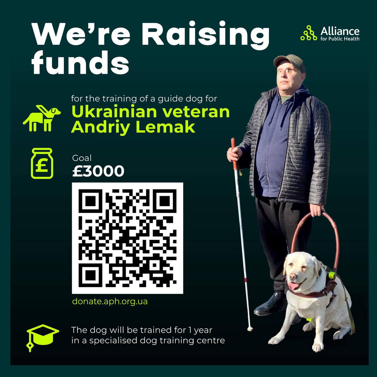 WE ARE RAISING 3,000 pounds to restore the life of Ukrainian veteran Andriy Lemak. He needs a guide dog, whose training programme will last for 1 year at a specialised dog training centre! Make a donation: donate.aph.org.ua/en