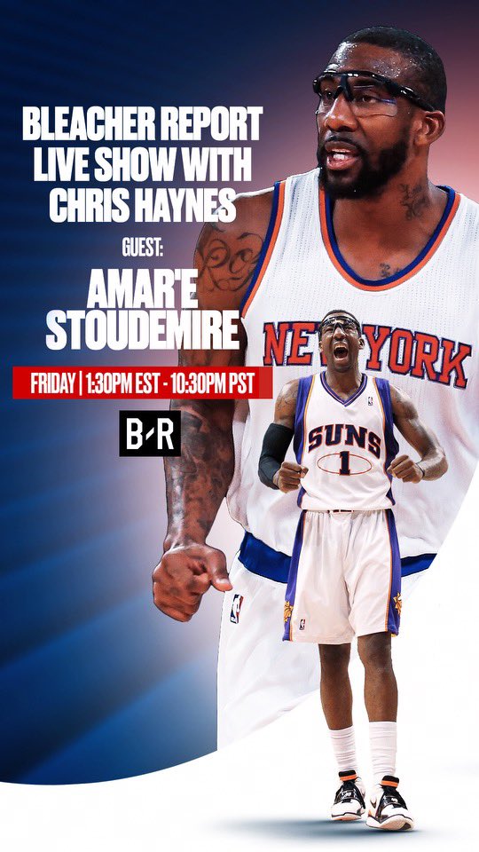 Former NBA star Amar’e Stoudemire is today’s guest on my @BleacherReport livestream show at 10:30am PT - 1:30pm ET. Come join the conversation and get your questions answered. 🔗 br.app.link/pWdOeTVNJIb