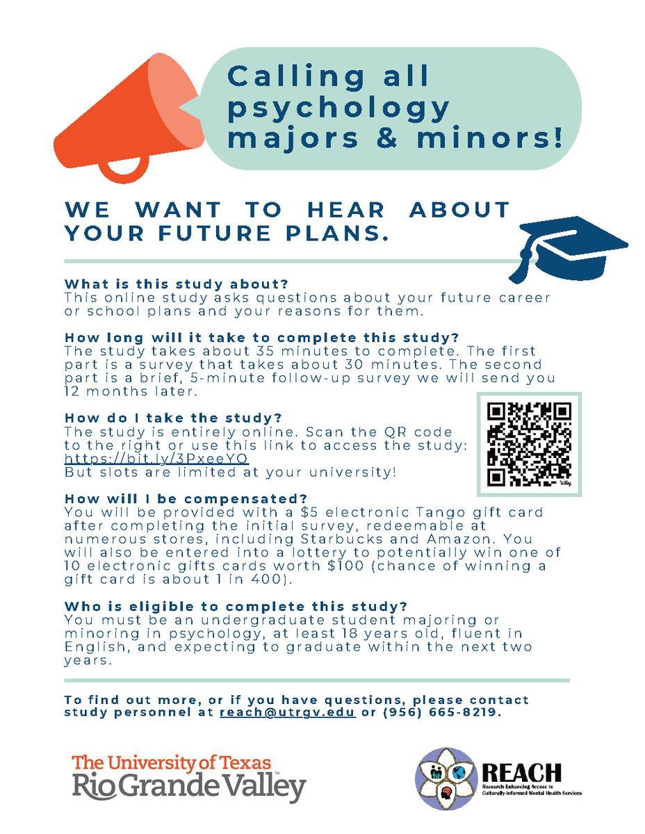 Our colleagues at UT-Rio Grande Valley are conducting a study to understand undergraduates' decisions about whether to apply to graduate school. It takes 30 minutes and participants receive a $5 gift card and a chance to win a $100 gift card. Details below: @PsiChiHonor