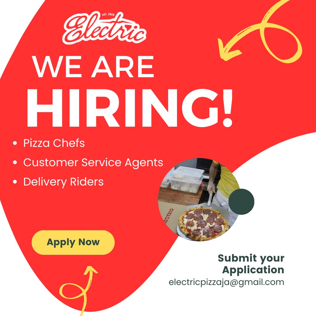 🚨 #JobOpenings in #MontegoBay 

Are you a passionate & customer centric individual? ⚡️Electric Pizza🍕, Montego Bay's only artisan hand-crafted pizzeria is hiring (inc delivery drivers!). We've got a slice of opportunity for everyone. 🎉