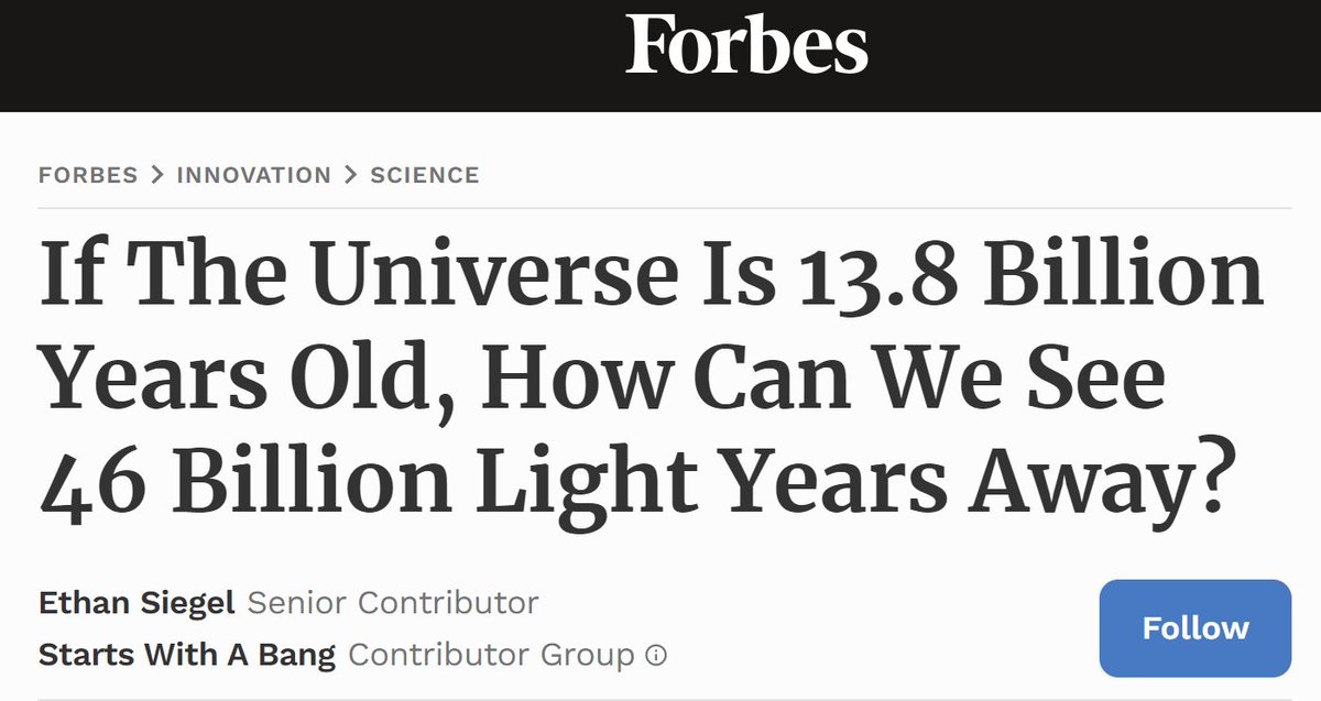 Would you laugh if creationists proposed that the reason we can see light from 13.8 billion light-years away, despite that light beginning to emit 6000 years ago, is due to the faster-than-light expansion of the universe? forbes.com/sites/startswi…