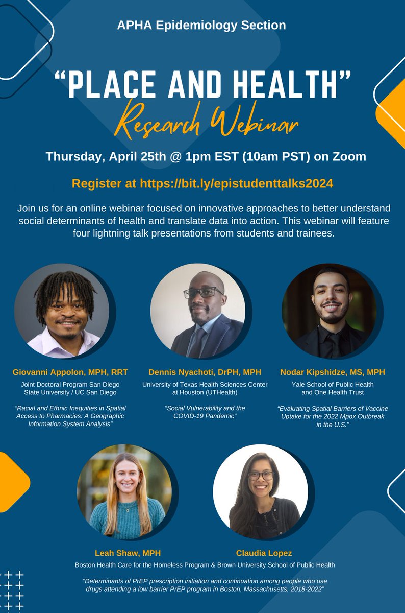 Epi Doctoral Student Leah Shaw will present at the APHA EPI Research Webinar: 'Place and Health' on Thursday, April 25th via Zoom! Register at: bit.ly/epistudenttalk…