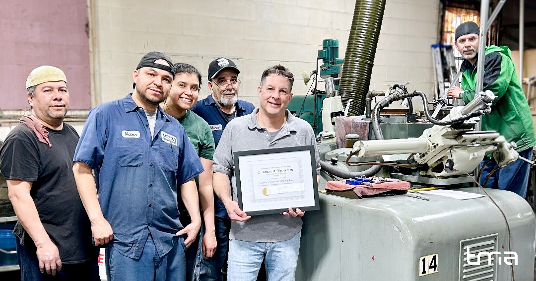 TMA's Chris Murin honored Aarstar Precision Grinding Inc.'s President, Frank Tarolla, for 25 years of membership. The company, established in 1965, specializes in precision centerless grinding, offering CNC and manual services. #TMA #PrecisionGrinding #ManufacturingIndustry