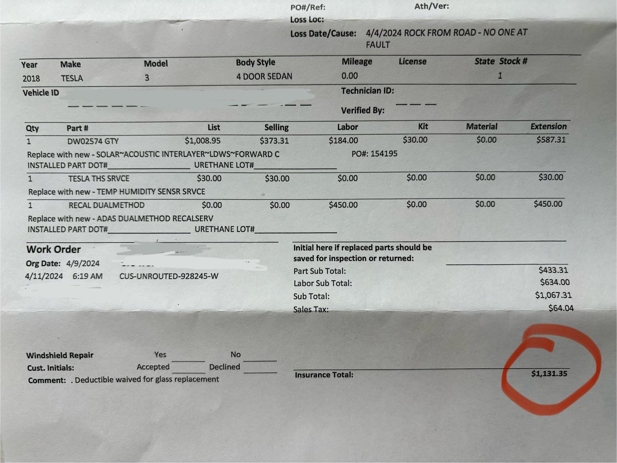 slye's tweet image. What happens when a rock cracks your Tesla windshield?

$1,100 for replacement.

Luckily my state has a law that covers windshield replacements for free if you have comprehensive coverage.

Whew 😅