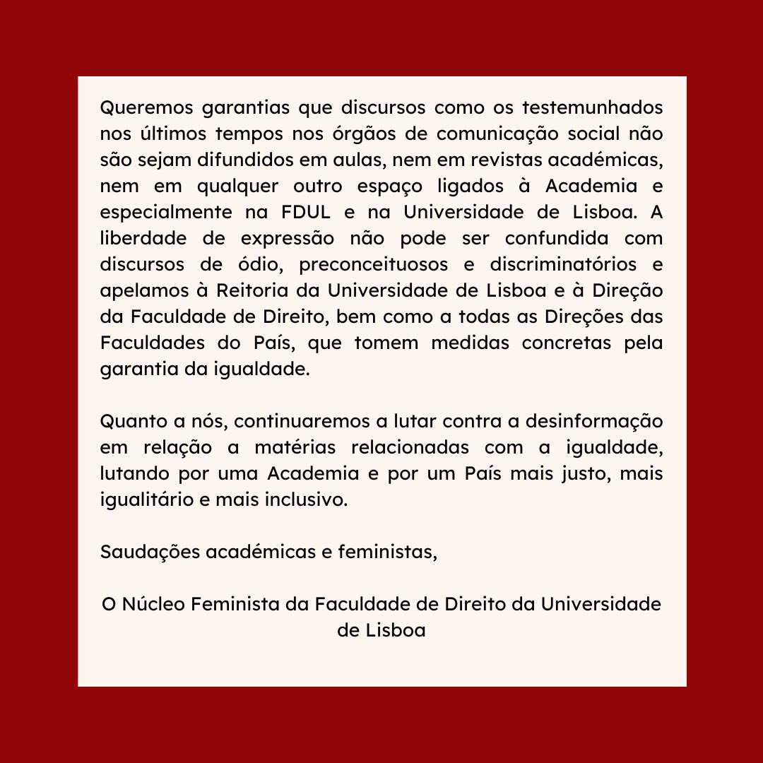 O Núcleo Feminista FDUL repudia veemente e lamenta o discurso do Professor Paulo Otero, do Movimento Ação Ética e a publicação do livro 'Identidade e Família'. O lugar da Mulher é onde ela quiser! ✊