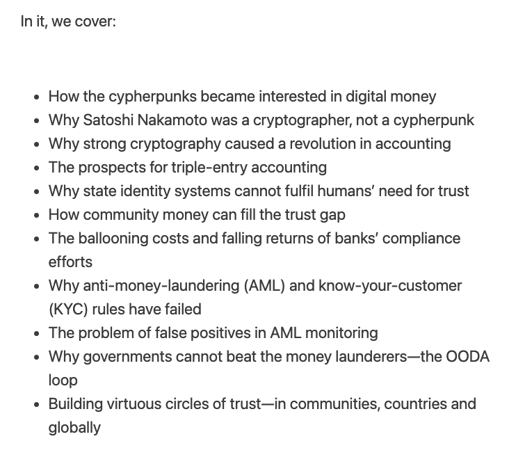 Rebuilding trust

We need a new approach to building trust in economic and monetary systems, says Ian Grigg, my guest on the latest episode of the New Money Review podcast.

Grigg, a computer scientist and cryptographer, is one of the pioneers of internet-based money.