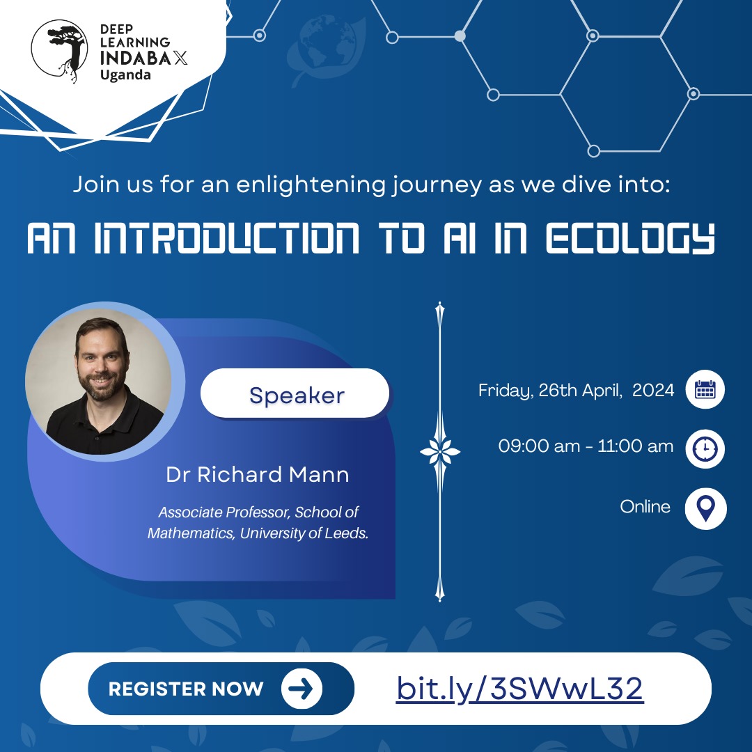 ... INDABAX AI CLUBS SESSION ... 'An Introduction to AI in Ecology' 26/04/2024 09:00 AM - 11:00 AM, Virtual. Register: bit.ly/3SWwL32 @richardpmann @johnilee @DeepIndaba @shakir_za @ulrichpaquet