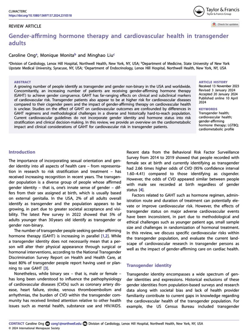 Ayeeee!!! EXTREMELY HAPPY to see our article hit the press 🏳️‍🌈📝🔥🏳️‍⚧️

“Gender-affirming hormone therapy and cardiovascular health in transgender adults” 

Great working with @CarolineOng_MD and Dr. Minghao Liu from @lenoxhill #Cardiology #LGBTQIA #ACCPride