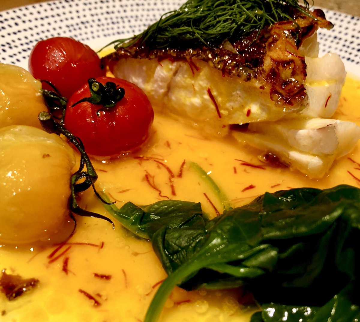 Pan Cooked Halibut in a Saffron Sauce with Tomatoes & Watercress ⁦@TheCat_Max⁩ ⁦@Averyslondon⁩