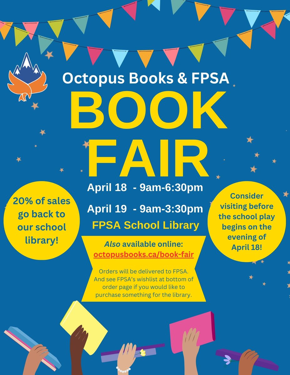 FPSA is having a book fair with Octopus Books April 18-19. It's also available virtually from now until April 30 octopusbooks.ca/book-fair
20% of proceeds go towards buying new books for our school library. Thanks for your support!
<a href="/OCDSB/">OCDSB</a> 
<a href="/OCDSBLibrairies/">Libraries in the OCDSB</a>