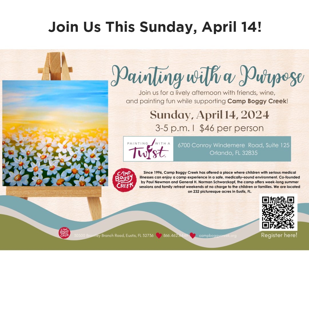 Looking for something fun to do with the family this weekend? Join us on Sunday, April 14th for a fun-filled afternoon to support Camp Boggy Creek. Please register here, we can't wait to see you! ❤️tinyurl.com/2vxkyzdu #paintingwithatwist #campboggycreek #Fundraiser