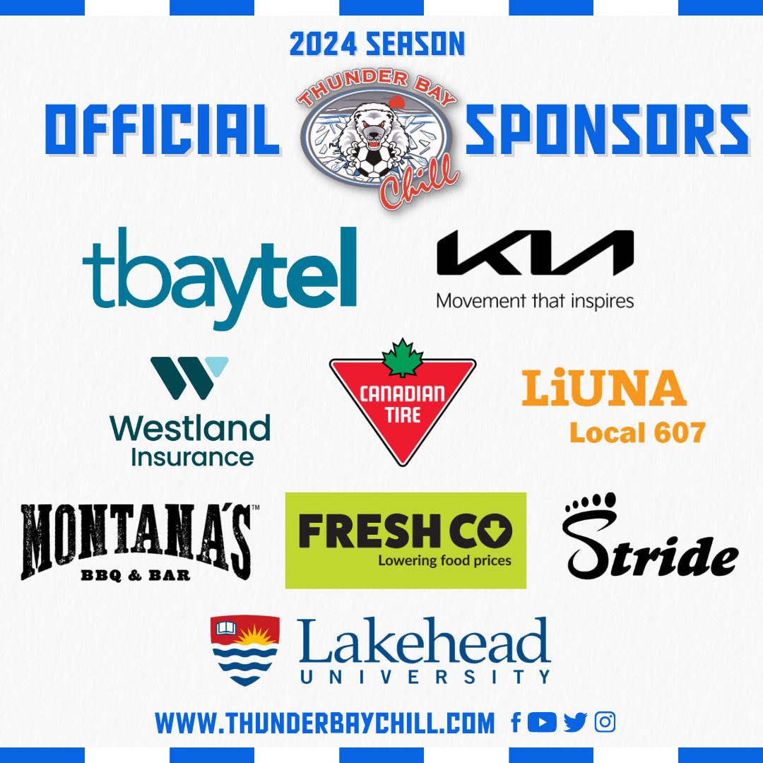 🤝 Proud to announce our Major and esteemed Sponsors for the 2024 USL2 Season! Huge thanks to Tbaytel, Kia, Westland Insurance, Canadian Tire, LiUNA Local 607, Montana’s BBQ and Bar, Stride, FreshCo, and Lakehead University for their unwavering support of our club and youth