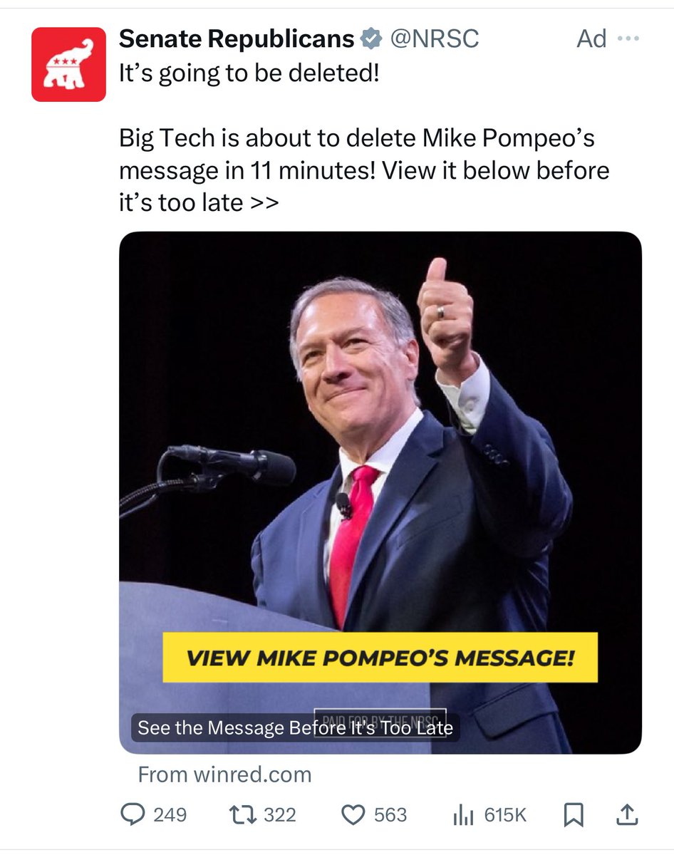 This Senate Republican Ad threatening that the message will be deleted 'in 11 minutes' has been running for multiple days. Starting to wonder if they just say things that aren't true to manipulate their base? 🤔