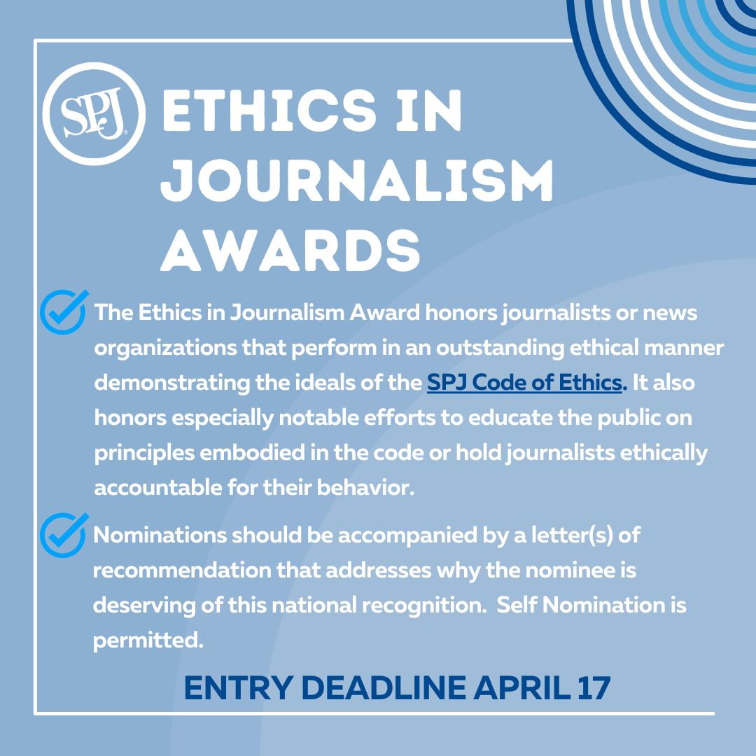 With #SPJEthicsWeek coming up, do you know of a journalist or news organization that has performed in an outstanding ethical manner by demonstrating the ideals of the SPJ Code of Ethics? Nominate them for the SPJ Ethics in Journalism Awards! spj.org/a-ethics.asp