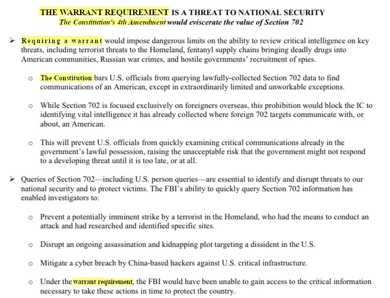 dolvintodd's tweet photo. When the government says the Consitution is a threat to national security, there should be zero support from our elected representatives of We The People.

#EndFISA702 https://t.co/5Q2z8VKAb3
