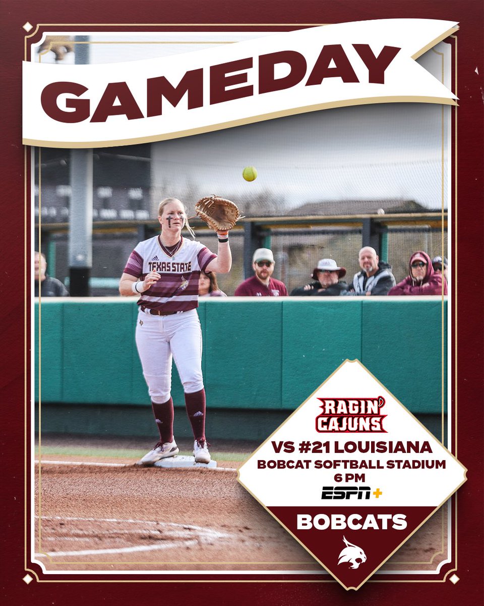 BACK AT HOME 😼 #EatEmUp 🆚 @RaginCajunsSB ⏰ 6 pm 📍 Bobcat Softball Stadium 📺 tinyurl.com/26nkehyn 📈 txst.com/stats 🎟️ txst.com/tickets