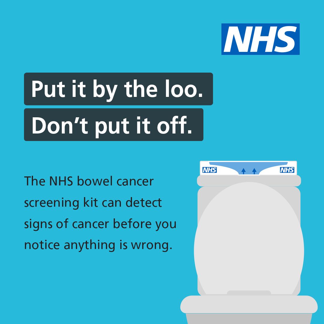 If you’re 56-64 and registered with a GP in England, the NHS will send you a #BowelCancer testing kit. Catching bowel cancer early reduces your chances of getting seriously ill or dying. So put it by the loo. Don’t put it off. Find out more: buff.ly/2Zcuq5L