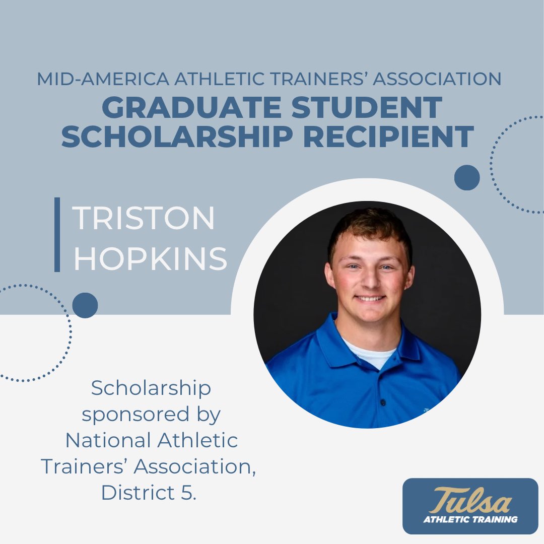 Big congratulations to MAT2, Triston, as he was awarded not one scholarship but two! Triston earned the American Orthopaedic Society for Sports Medicine Scholarship, and the MAATA (District 5) Graduate Student Scholarship. Way to go! #tumat #utulsa #reigncane #nata #maata