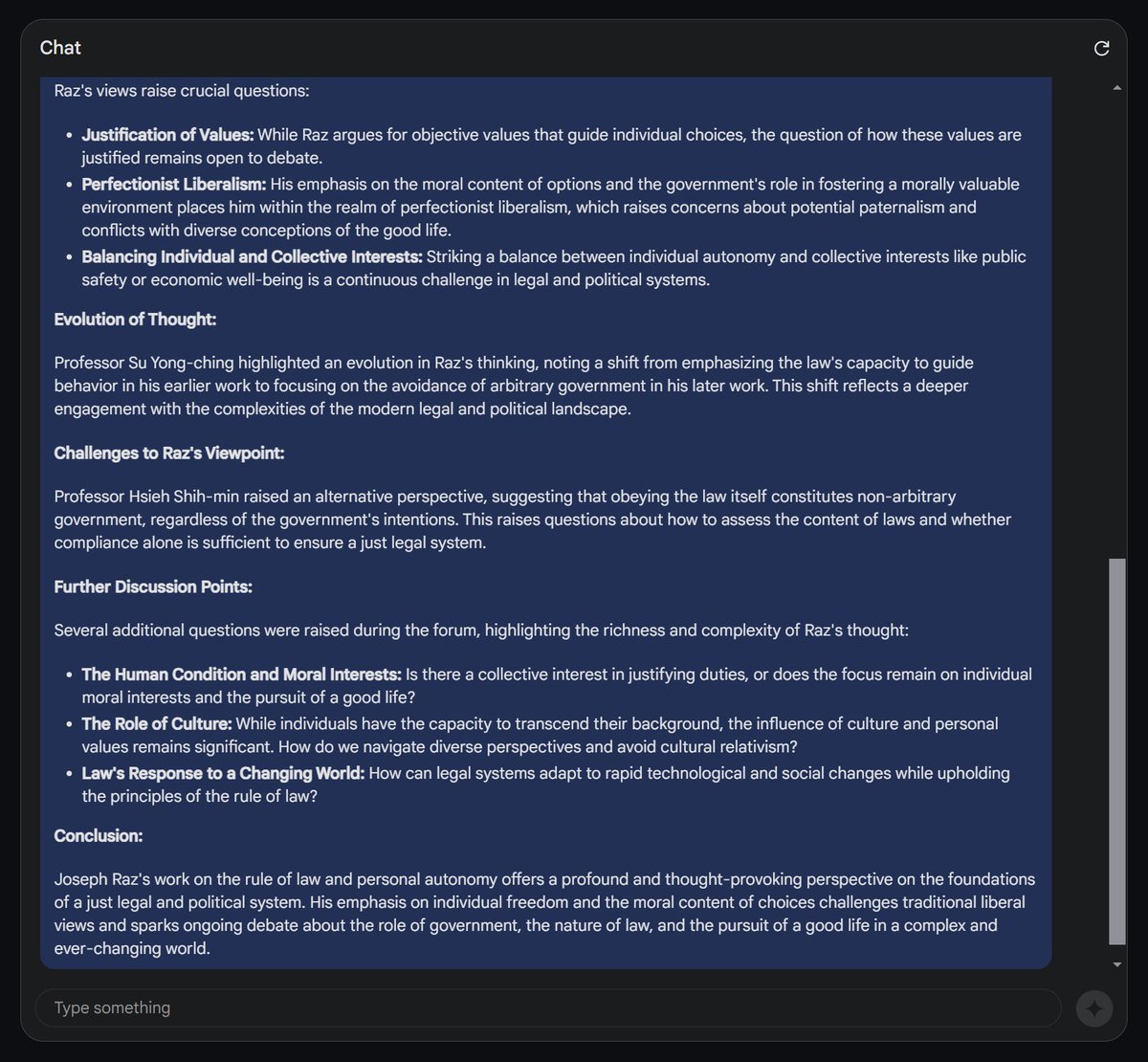 🤯 I uploaded a 2 hour video of a jurisprudence discussion between Joseph Raz and other legal academics to Gemini Pro 1.5 and asked it to analyze it for me: