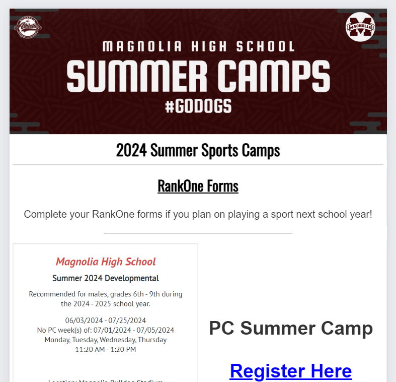 We're getting closer and closer to Summer, start planning what camps you are going to attend! Basketball - @MagBasketball Football - @DogFootball PC - @PCnowisthetime Soccer - @MagHSsoccer 🔗 view.gogipper.com/page/1781689 @BBJHBears | @MagISDAthletics