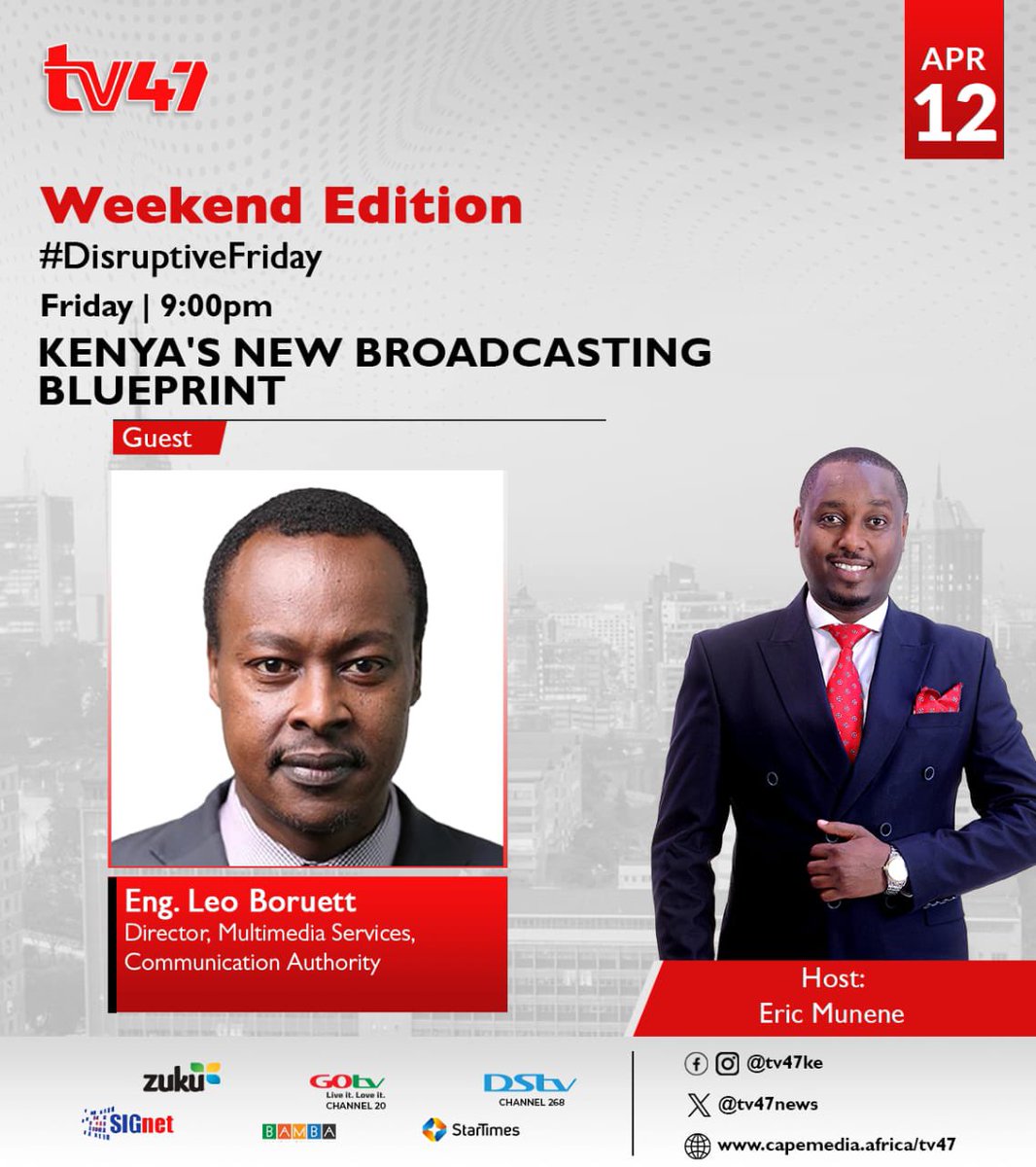 Tune in to @tv47news at 9 PM as Eng. Leo Boruett, Director of Multimedia Services at CA,explains the future of broadcasting under the new Programming Code and how it will impact the industry.