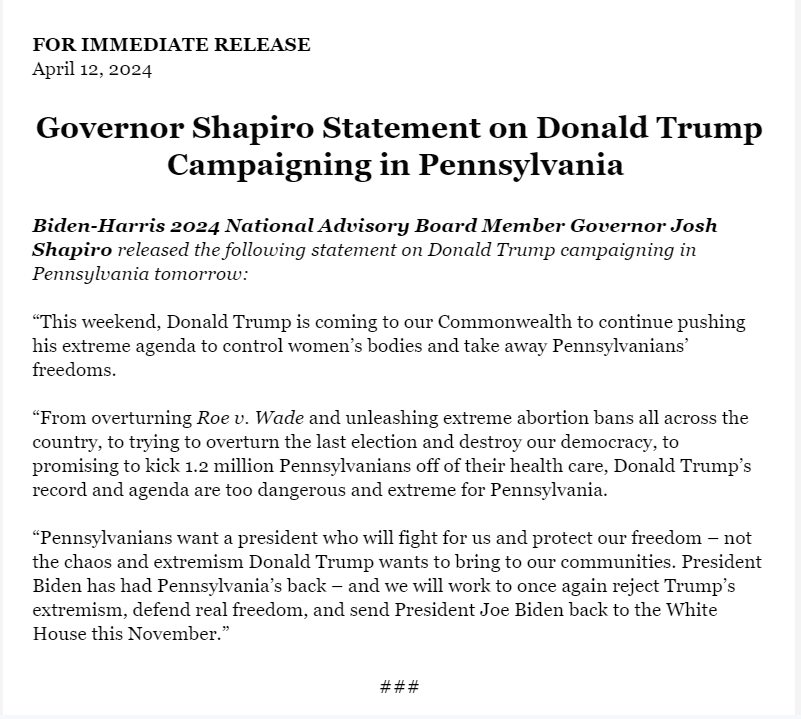 Ahead of Trump's rally in Lehigh County on Saturday, Gov. @JoshShapiroPA is focusing on Trump's anti-abortion stance. President Biden will also be in PA for three stops next week: Scranton on Tuesday, the Pittsburgh area Wednesday, and Philadelphia on Thursday.