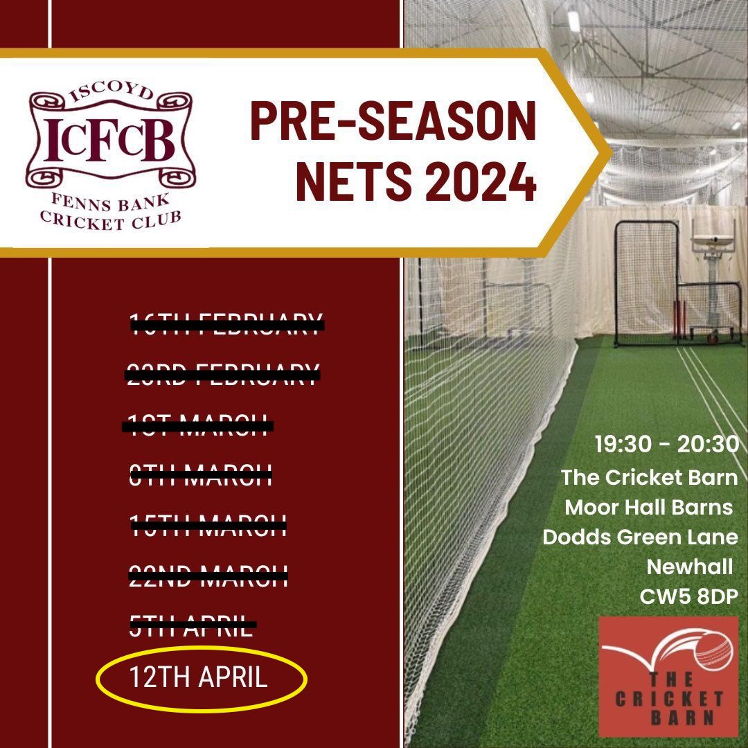 Final week of indoor nets (until we have to arrange some more cause it’s rained since December) - so let’s have a good turnout to push us into the new season!