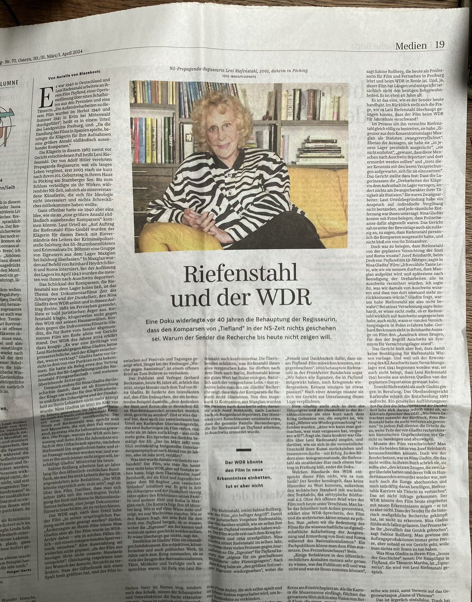 @SZ takes up latest in story of filmmaker Nina Gladitz’s decades’ long effort to bring Leni Riefenstahl to justice, reported as @gdnlongread in 2021. Age-old tale of perpetrator silencing their victim. Time to act, @WDR! theguardian.com/news/2021/dec/…