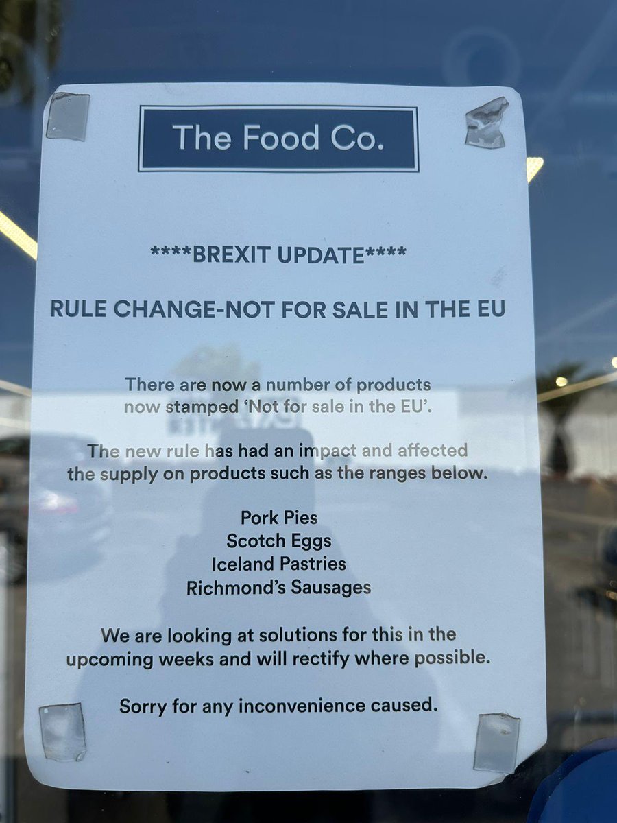 #Brexit This notice on a shop in Spain today that sells British produce. Pre Brexit they sold Iceland & Waitrose produce. After Brexit prices skyrocketed - they had diverge from these 2 main partners, find other suppliers inc from Ireland Now this, re ‘not for sale in the EU’
