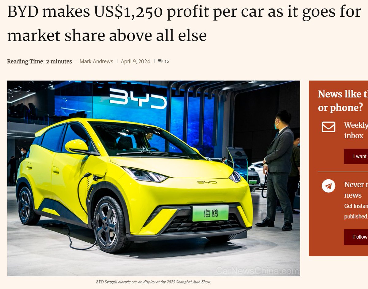 BYD is making $1250 per vehicle. However, that's across all vehicles and it's likely that they're losing money on pure BEVs. Their strategy is all about taking market share and building economies of scale to dominate the market - it's long term thinking. Is BYD a threat to…