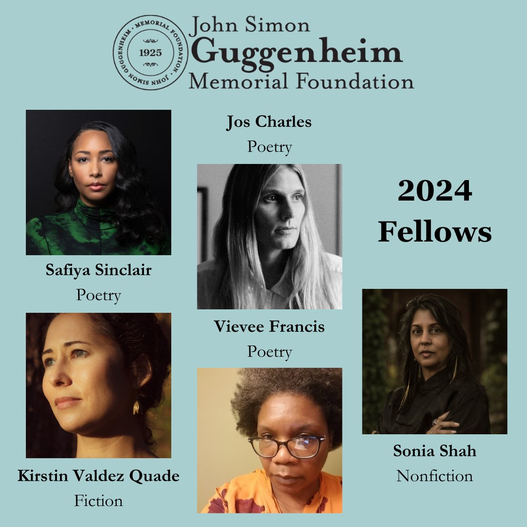 Congratulations to our incredible clients who were named 2024 Guggenheim Fellows! @kvquade was awarded a fellowship for Fiction, @soniashah was awarded one for Nonfiction, and Jos Charles, Vievee Francis, and @SafiyaSinclair for Poetry. We're so proud!