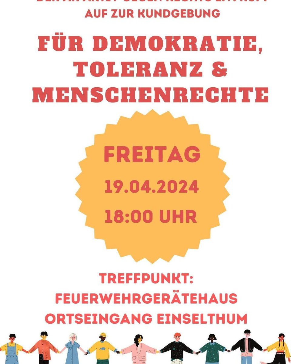 📢 Komm zur #Demo und 📢 verbreite sie:
'GEGENPROTEST mit KUNDGEBUNG zu Chrupalla- Auftritt'

🗓: 19.04.2024, 18:00 Uhr
Ort: Hauptstraße 1, 67308 Einselthum (#Einselthum, FFW) in #RheinlandPfalz 

Link: demokrateam.org/aktionen/gegen…
#NieWiederIstJetzt #LautGegenRechts #DemoGegenRechts