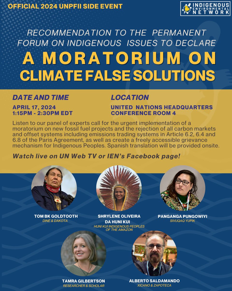 Join us online or at UNHQ for our panel next Wednesday, calling for a MORATORIUM on climate false solutions! 🗓️ April 17, 2024 ⏰ 1:15- 2:30 pm EDT 📍 UNHQ Conference Room 4 We will be streaming this event on our Facebook! #DefendTheSacred #NoFalseSolutions #EndCo2lonialism
