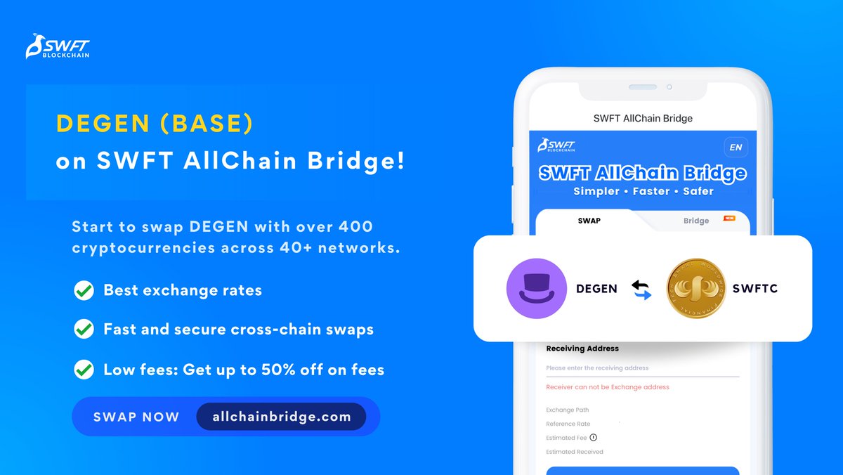🚨 New Listing 🚨 We are excited to announce that $DEGEN from @degentokenbase is listed on SWFT AllChain Bridge! Start swapping or bridging $DEGEN with over 400 #crypto assets across multiple chains and experience faster transaction speeds, low fees, and a user-friendly…