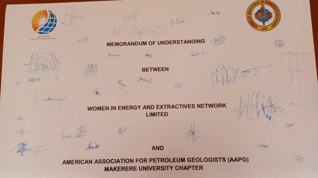aapg_muk's tweet photo. @aapg_muk was privileged to sign a Memorandum of United with the @WEEN_Forum today during the Women in Energy Forum. This was witnessed by our Chief Guest, who represented the Minister, Ms. Proscovia Nabbanja, some of the WEEN Board Members and University Administration. https://t.co/SKjwNKzS65