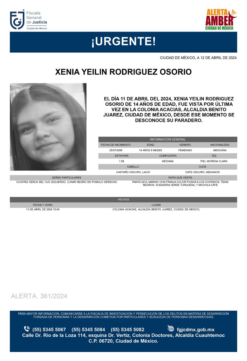 Se activa #AlertaAmber para localizar a la menor de 14 años de edad, de nombre Xenia Yeilin Rodríguez Osorio, fue vista por última vez el día 11 de abril 2024 en la colonia Acacias, alcaldía #BenitoJuárez