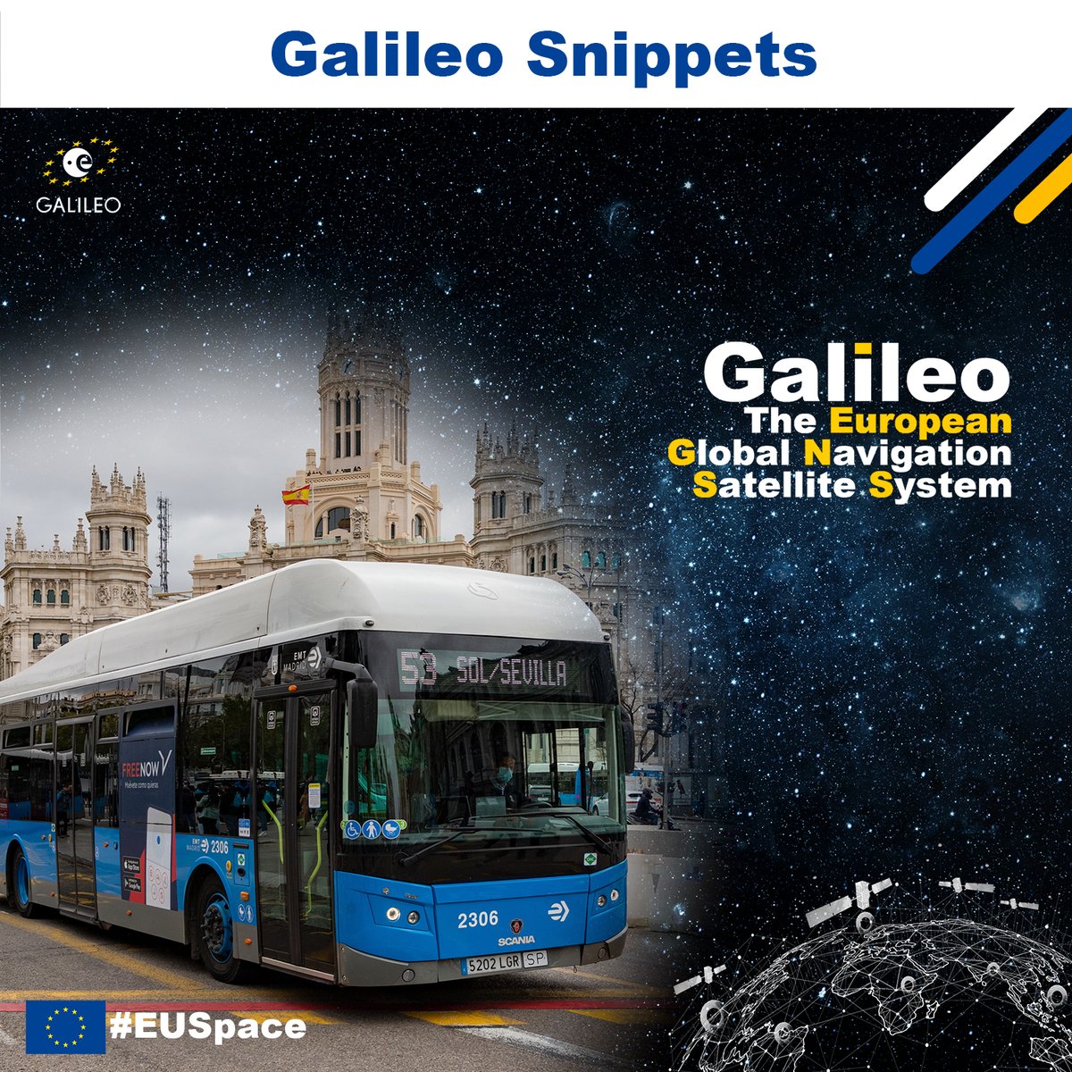 Galileo Snippets 🇪🇺🛰️ ¡Hola, hola! If you are ever in Madrid 🇪🇸 and wondering where your bus🚌 is... Galileo will know for sure! Madrid’s public buses are equipped with #Galileo 🇪🇺🛰️ enabled receivers📍 #EUSpace