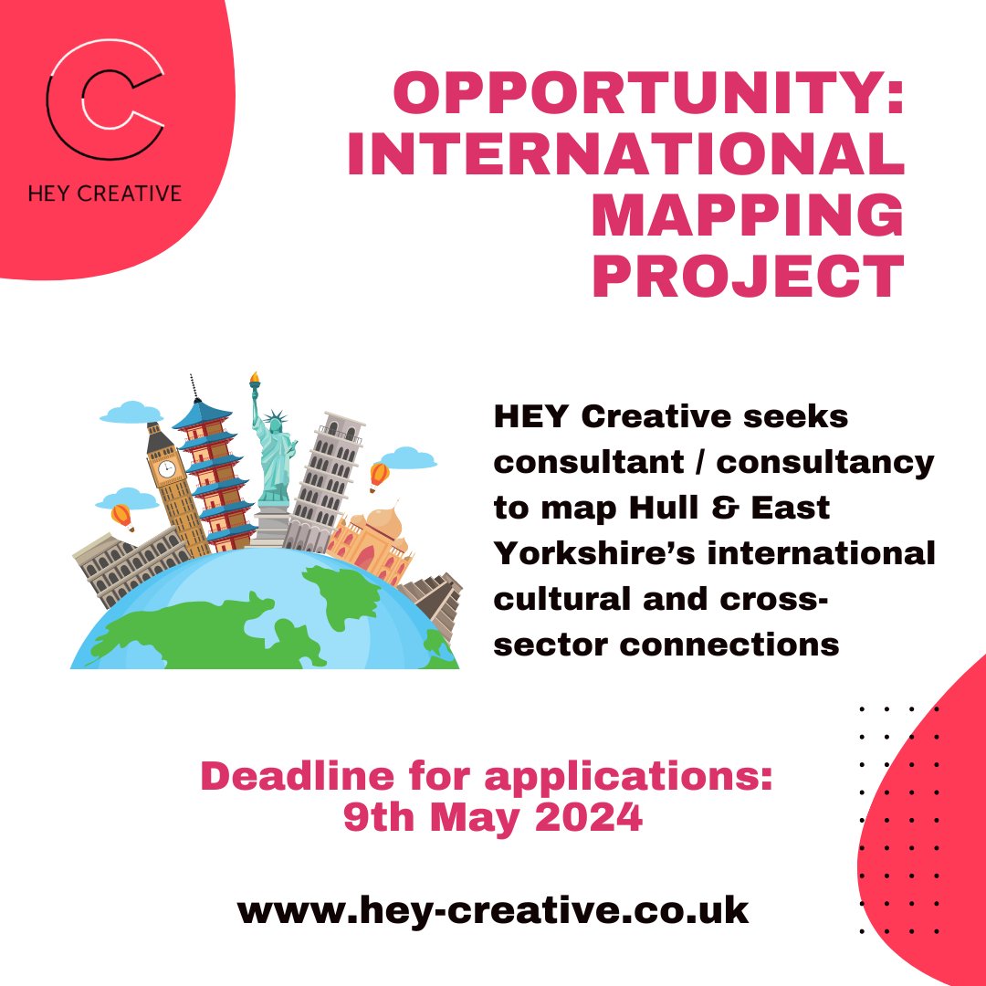 HEY Creative, the cultural compact for #Hull and #EastYorkshire, has an exciting opportunity to map the region’s international cultural and cross-sector connections.

Fee: £9,500

Deadline for applications: 9th May

Find out more at hey-creative.co.uk

#HEYCreative