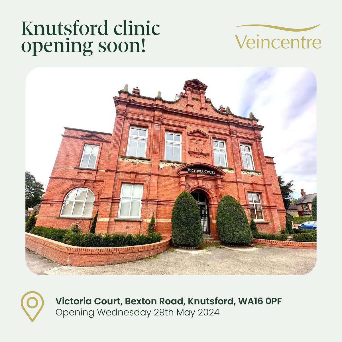 Our 34th UK clinic in Knutsford on Wednesday 29th May! Our wonderful Vascular Consultants are looking forward to welcoming you. 📍 Victoria Court, Bexton Road, Knutsford, WA16 0P Learn more: ow.ly/SAOR50ReWyU #varicoseveins #veins #veinclinic #knutsford