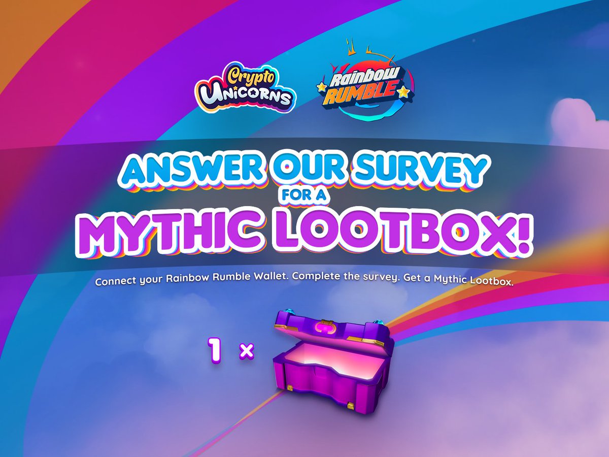 ✨ WIN A MYTHIC LOOTBOX Complete the Rainbow Rumble survey & receive 1 Mythic Lootbox! Connect the wallet that you played Rainbow Rumble with and answer the survey below. The survey takes only 5 MINS! surveymonkey.com/r/YP685LF