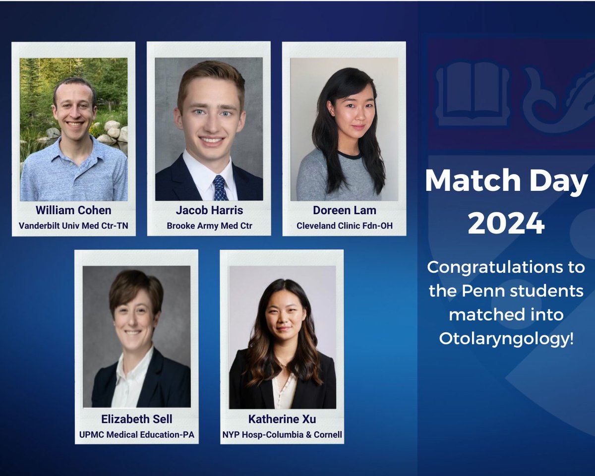 Penn OTO would like to specially congratulate the Perelman School of Medicine students who matched into Otolaryngology residencies! We are so excited to see their growth and innovation in the ENT field. Congratulations!🎉
#Matched #MatchDay2024 #IAMOTO