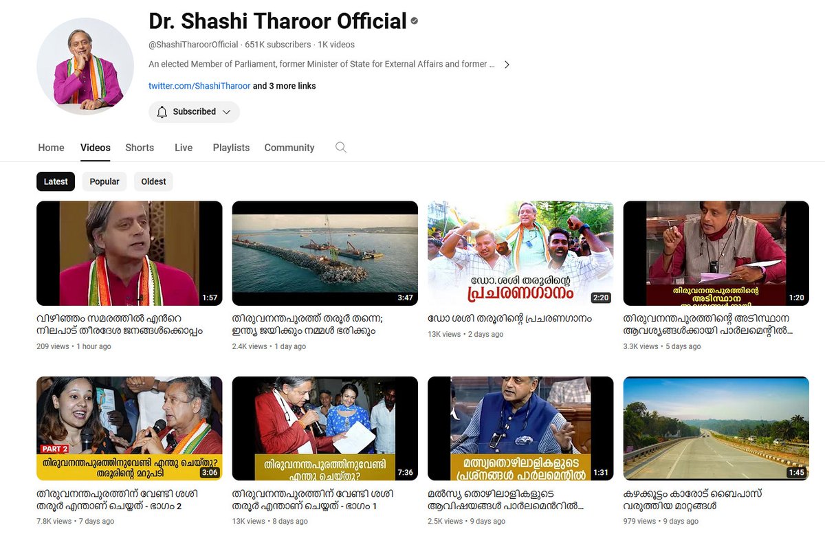 Shashi's YouTube channel has changed from all-English to all-Malayalam. It must be election time.