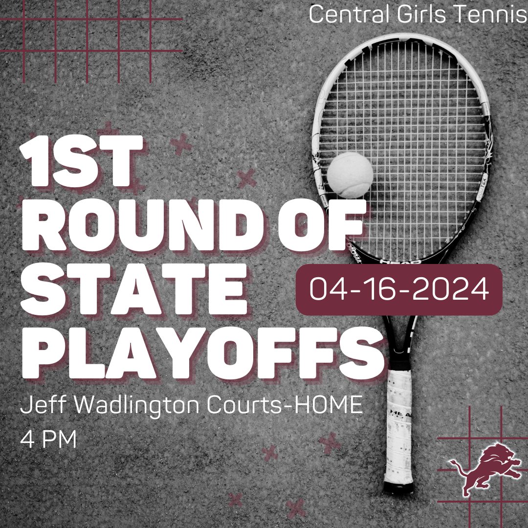 📢Central Tennis Update Central Tennis will host 1st Round of State Playoffs on Monday, April 15 and Tuesday, April 16! Come out and support the Lions as they begin their playoff drive! #lionstrong